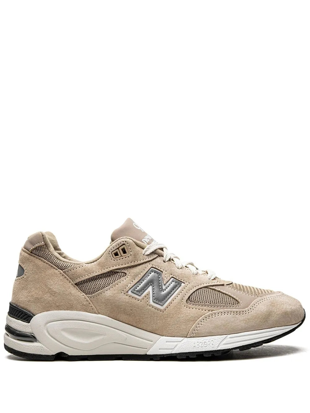 Tan suede New Balance 990 V2 sneakers with lace-up, N logo, and cushioned sole