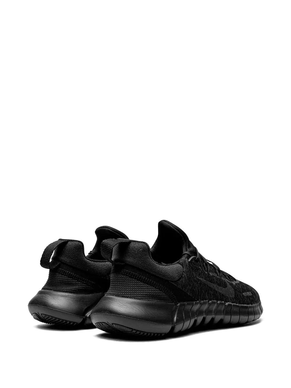 Nike running shoe heel view, black knit upper with supportive heel counter