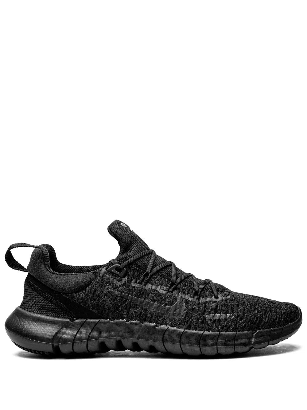 Nike knit running shoe, black with lace-up front and cushioned rubber pods