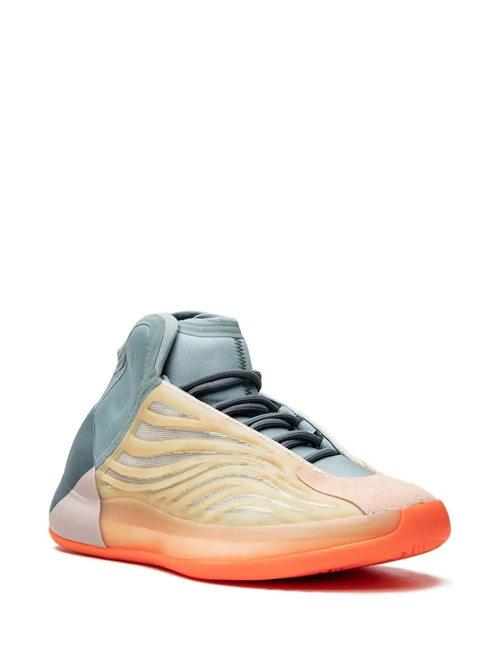 Light blue high-top sneaker with black laces, gold stripes, and orange sole