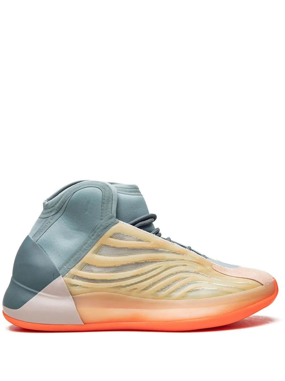 Light blue high-top sneaker with gold stripes and orange sole