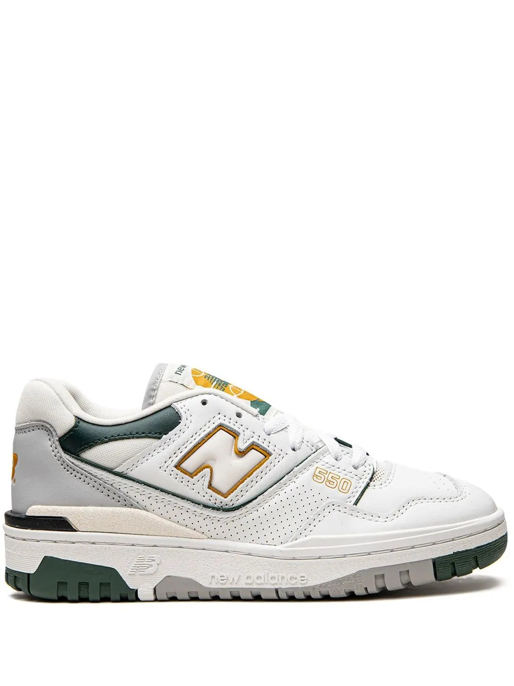 White sneakers with green accents, lace-up front and New Balance N logo