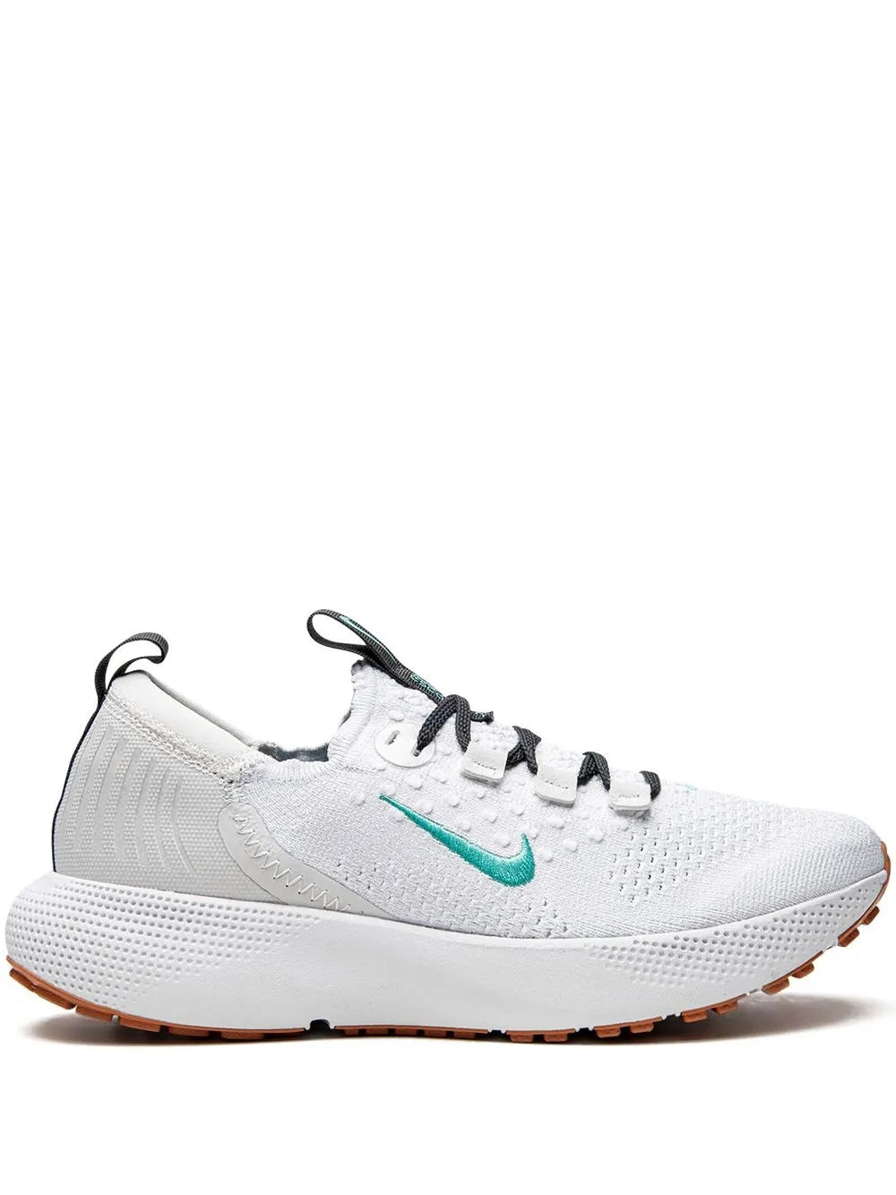 Light tan knit running sneakers, lace-up, teal swoosh, cushioned sole, gum outsole