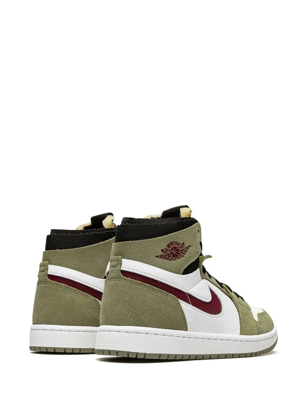 Pair of olive and white high-top sneakers with burgundy Swoosh and lace-up
