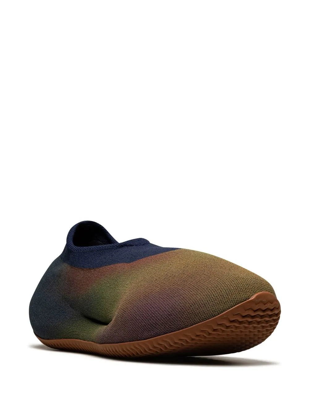 Multicolor knit running shoe side view, sock-like upper with brown textured outsole