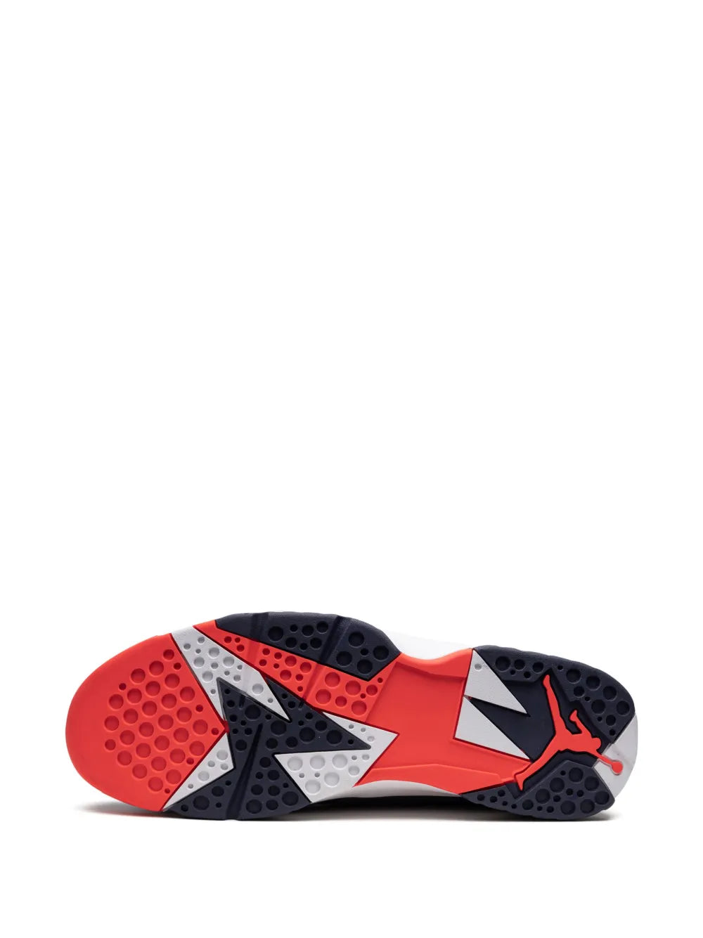 Sneaker outsole in red and navy with tread pattern and black Jumpman heel mark