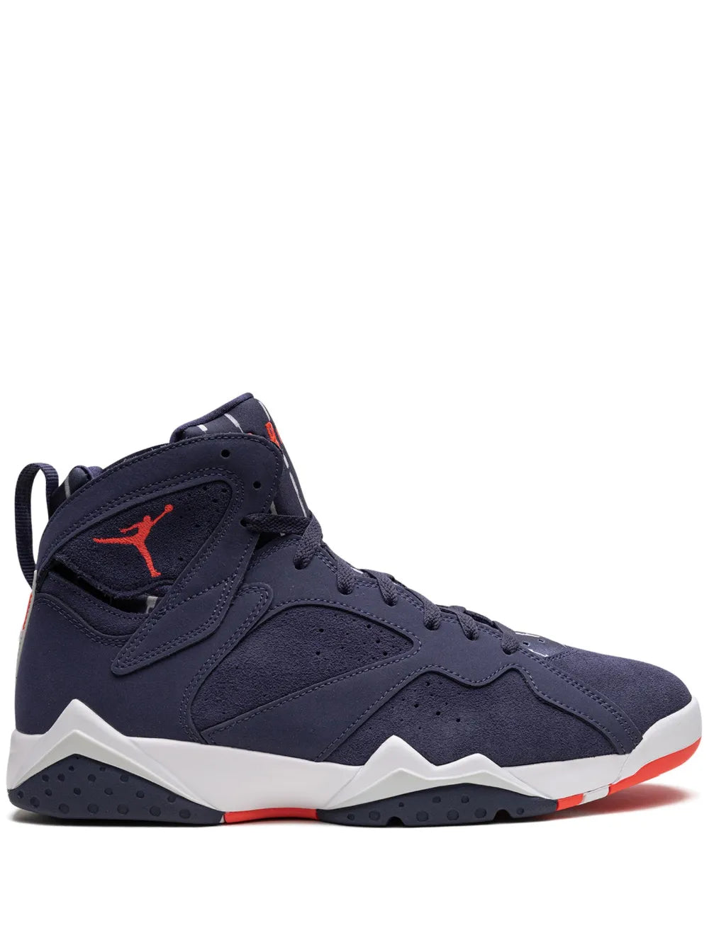 Navy blue high-top sneakers with red Jumpman logo, lace-up, white sole