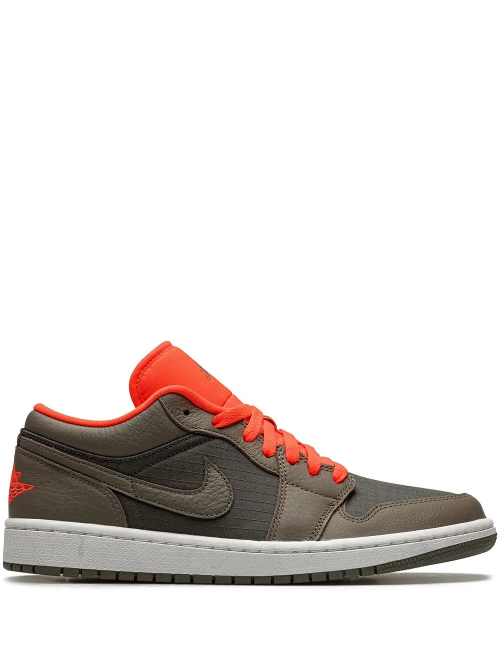 Low-top sneakers in dark gray with orange laces and wing logo on the side
