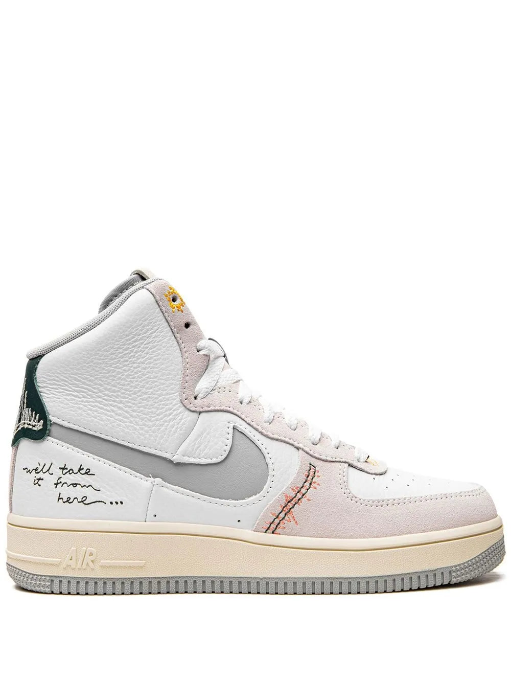White high-top sneaker by Nike, pink and green accents, lace-up with swoosh