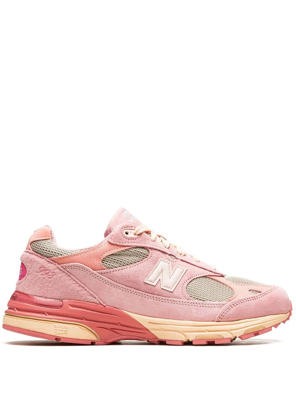Light pink lace-up New Balance 993 sneakers with N logo and padded collar