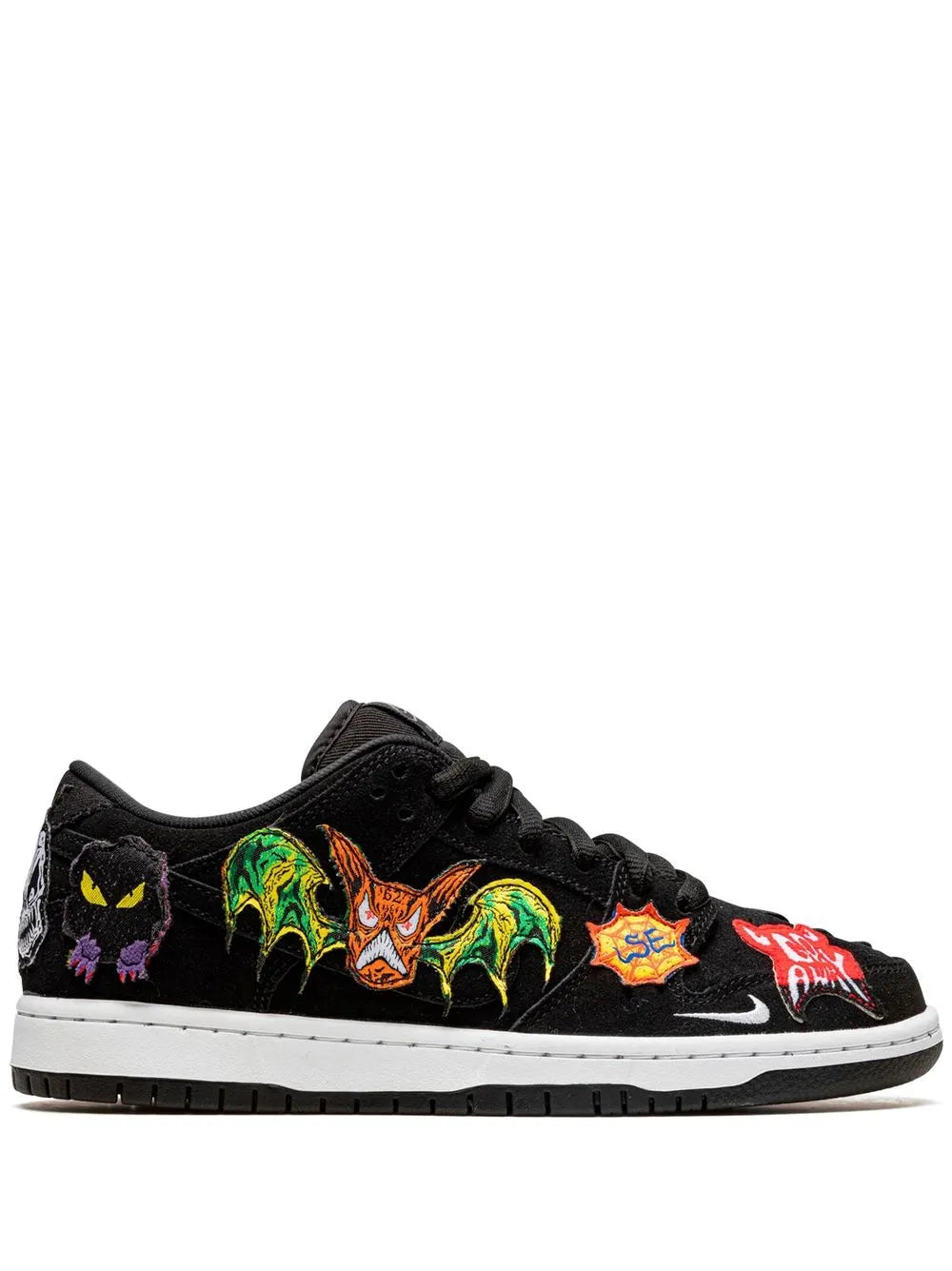 Black low-top skate sneaker with colorful graphic side panels and white midsole