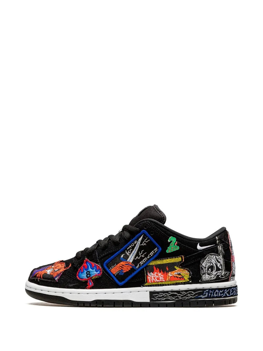 Black low-top skate sneaker with blue and orange graffiti graphics and white sole