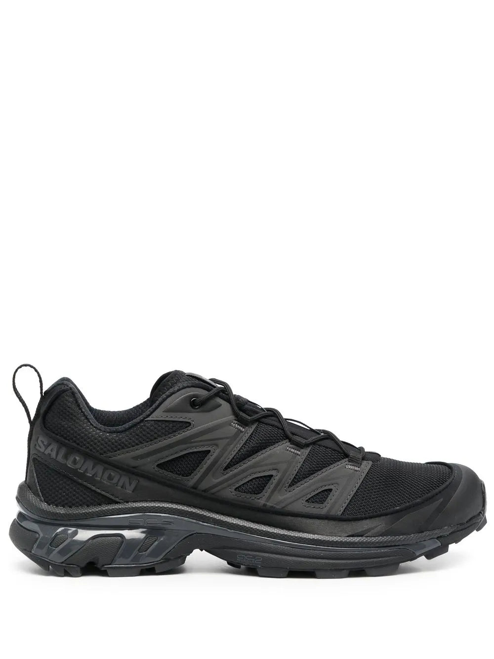 Black lace-up running sneaker with gray panel accents and cushioned sole