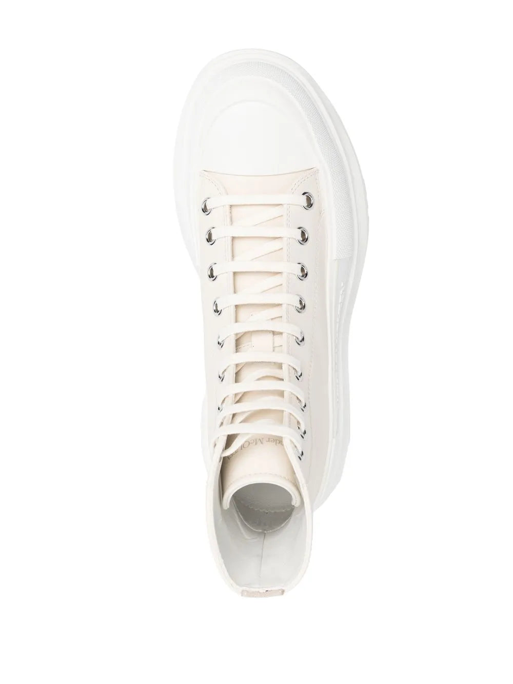 White high-top sneaker front view with lace-up closure and metal eyelets