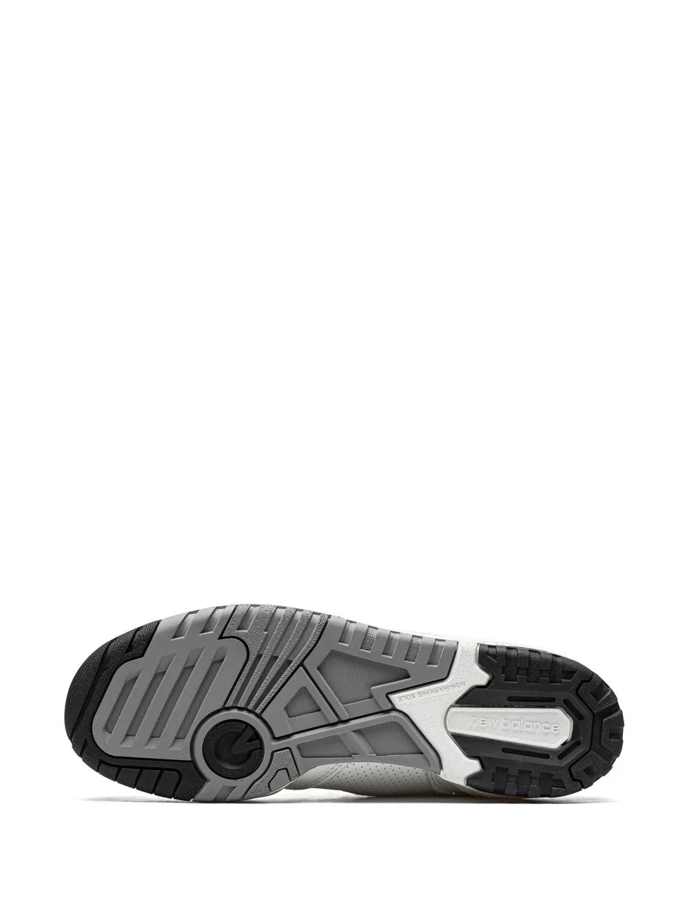 New Balance 550 sneaker outsole view with black tread and gray midsole
