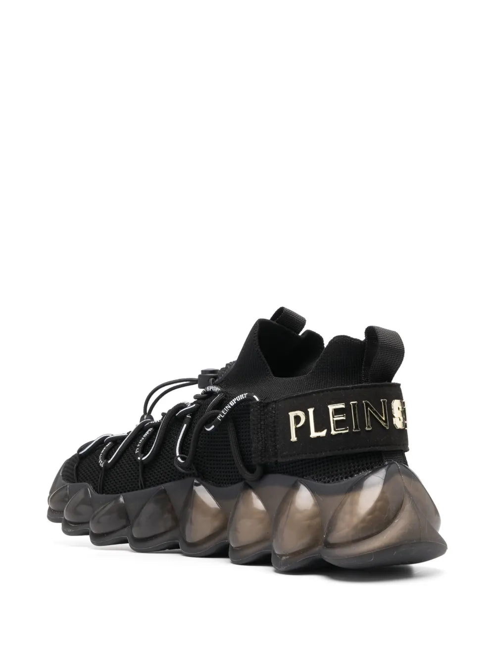 Black low-top sneaker with 'PLEIN' heel strap and bubble sole