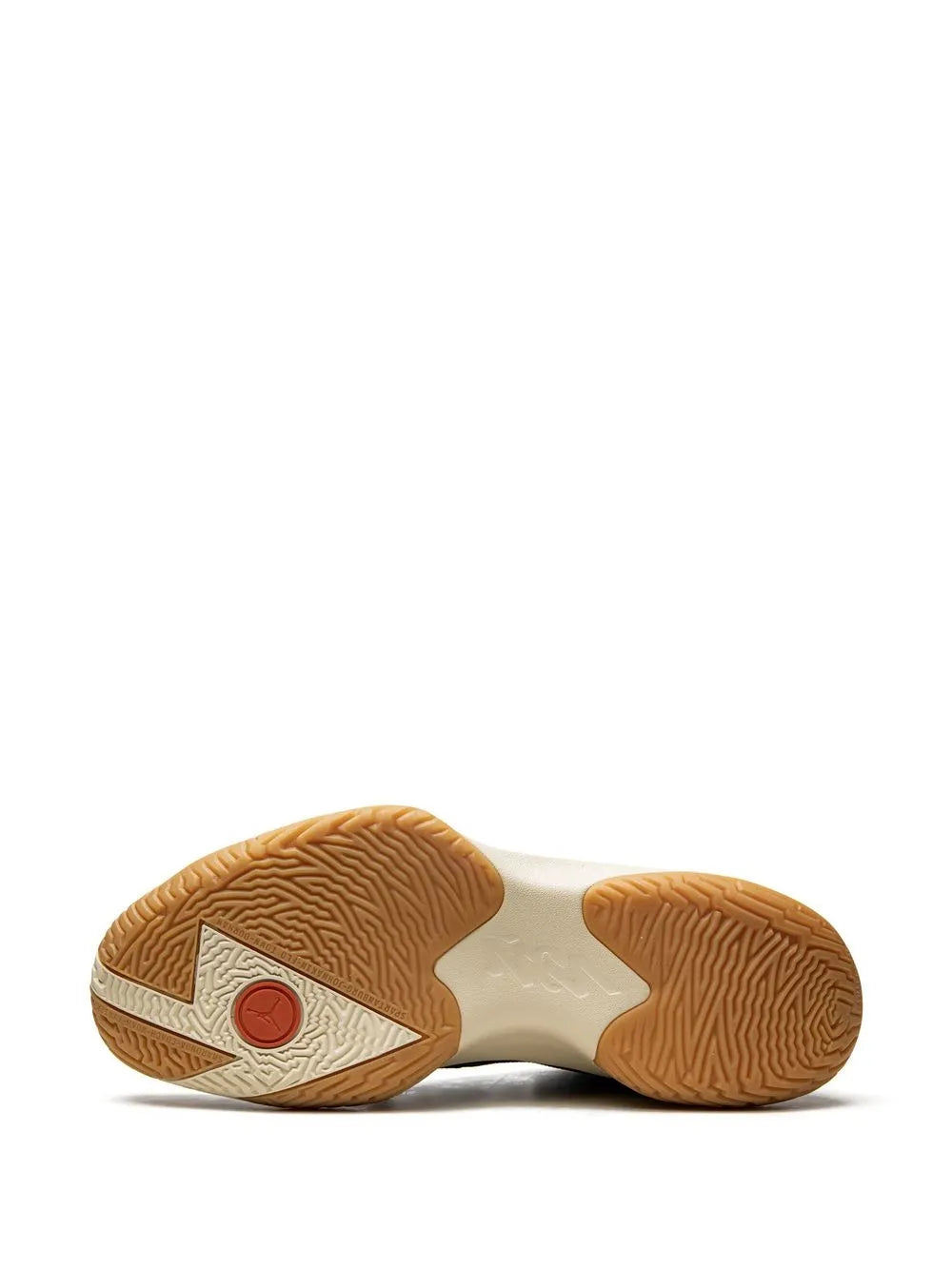 Two-tone sneaker outsole with circular logo and herringbone-style tread