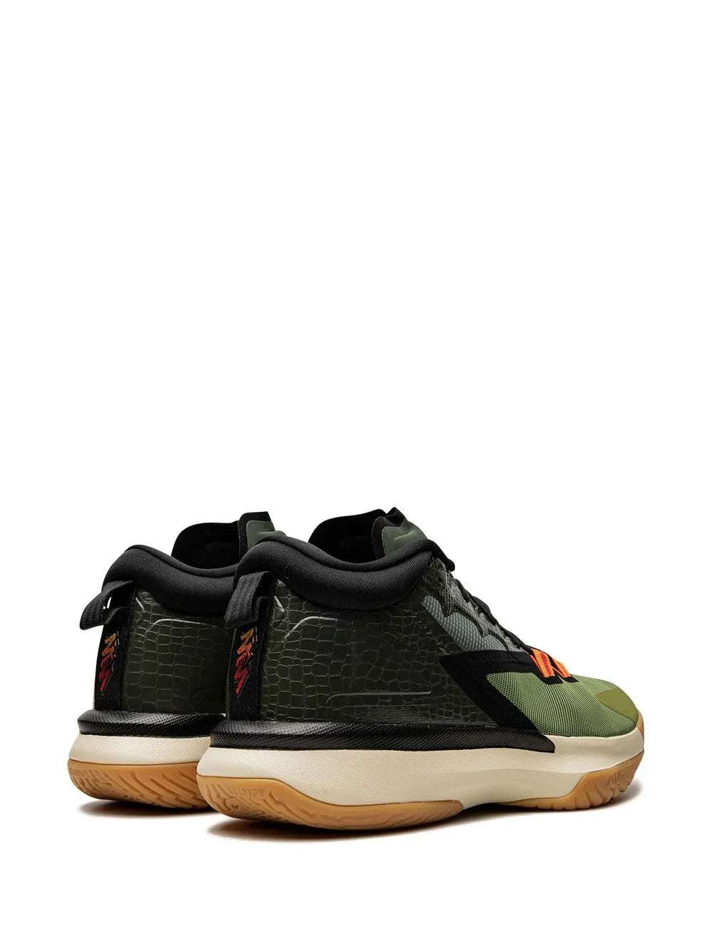 Black and olive lace-up sneaker with heel tab and orange accent details