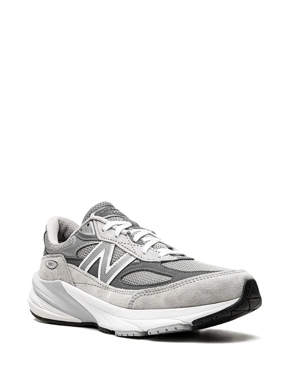 Grey New Balance 990V6 sneakers, side profile with N logo and white outsole