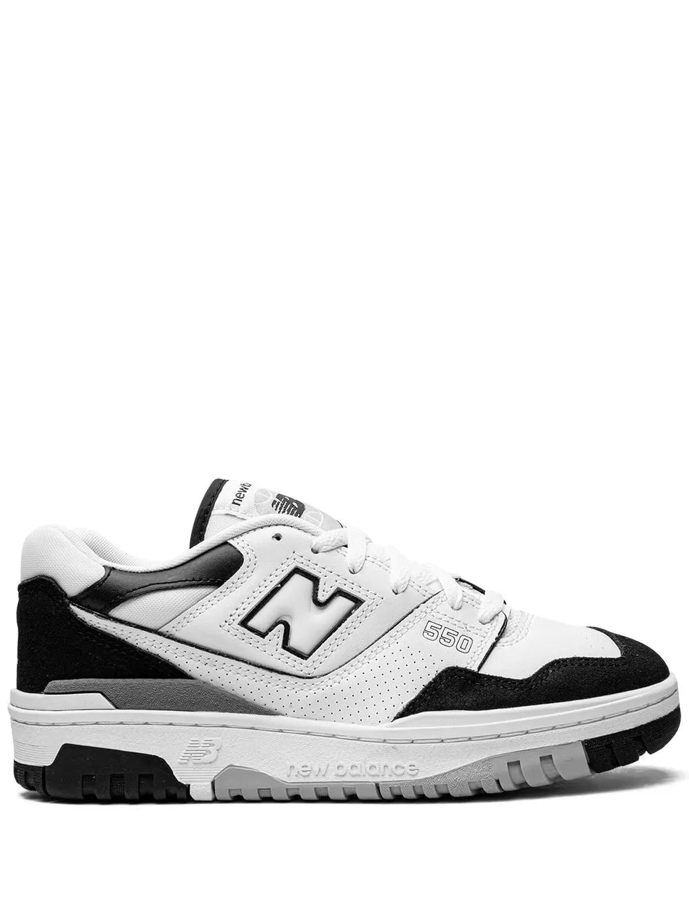 White and black lace-up sneaker with N logo and 550 branding