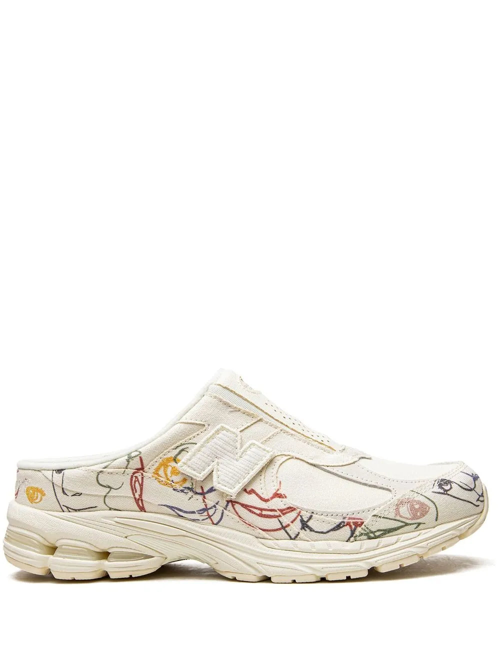 New Balance beige sneaker mule with colorful graphic upper, slip-on padded collar