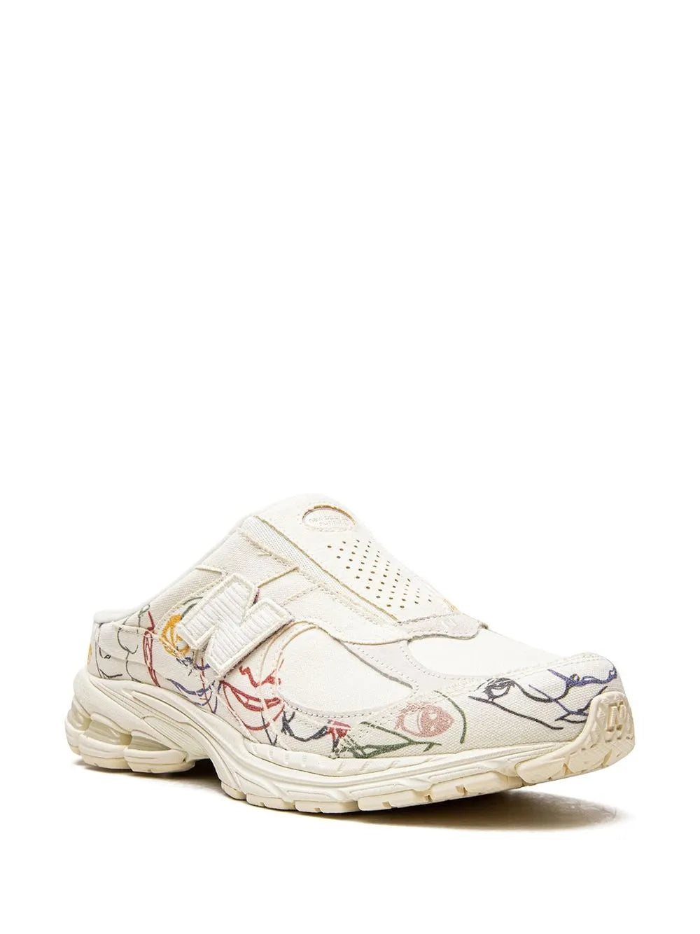 New Balance beige sneaker mule with colorful graphic upper, side view, thick cushioned sole