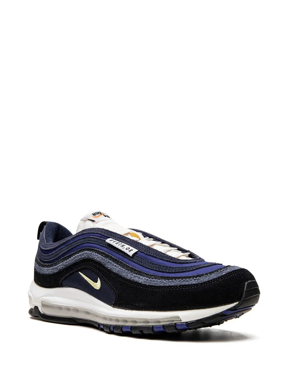Air Max 97 SE running sneakers, side view in black, navy, and white