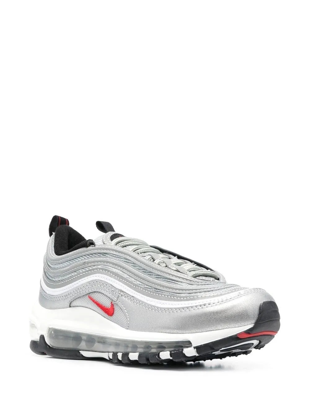 Nike Air Max 97 OG men's sneaker, side view, white with red swoosh and black trim