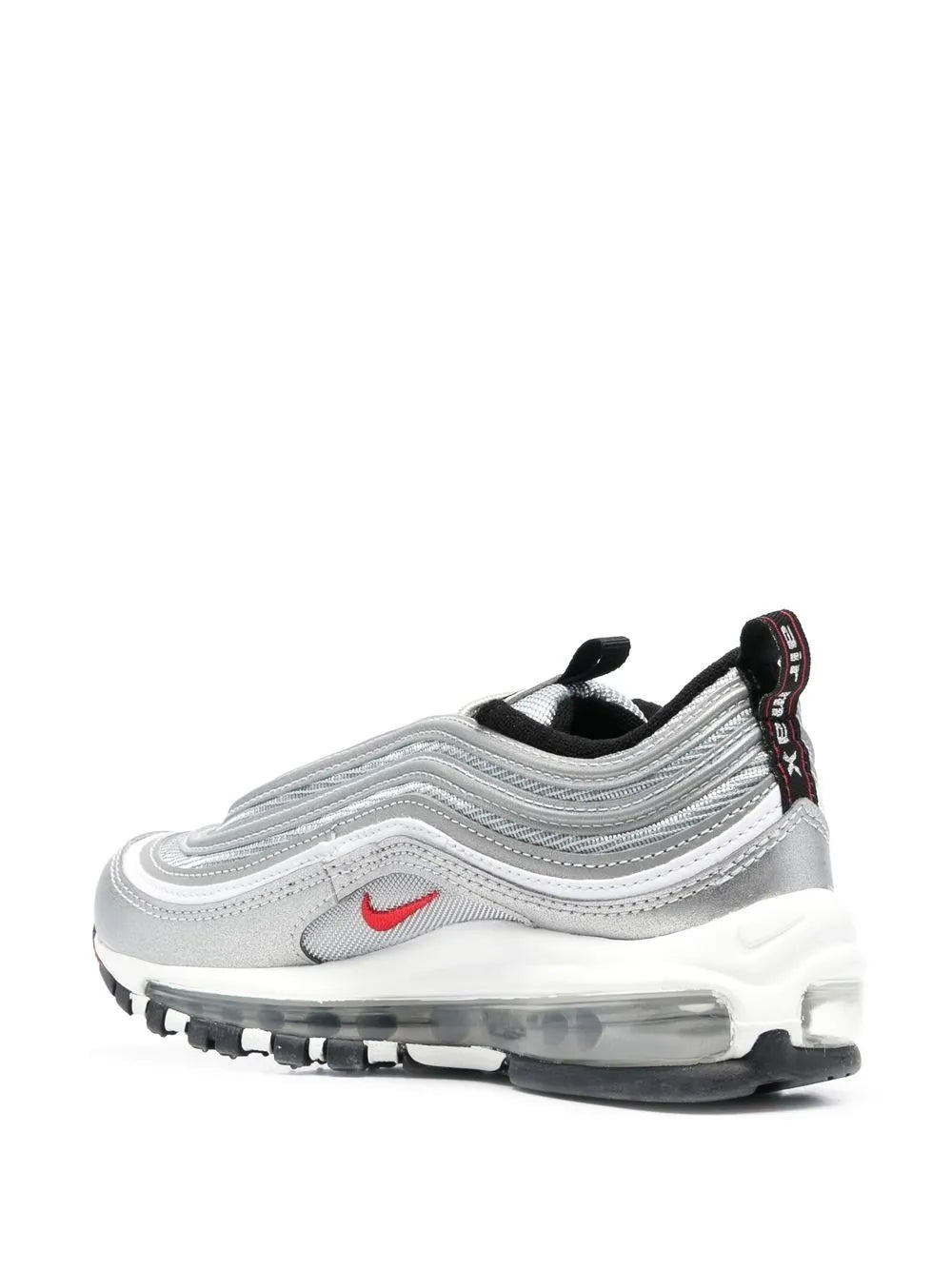 Nike Air Max 97 OG men's sneaker, 3/4 view, white upper with red swoosh and clear sole