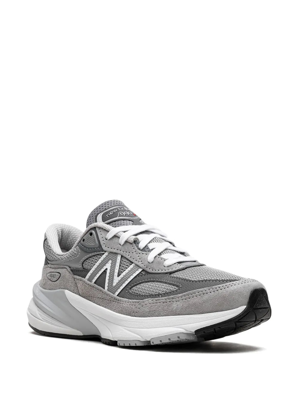 Grey New Balance sneakers, side view, white laces and cushioned midsole