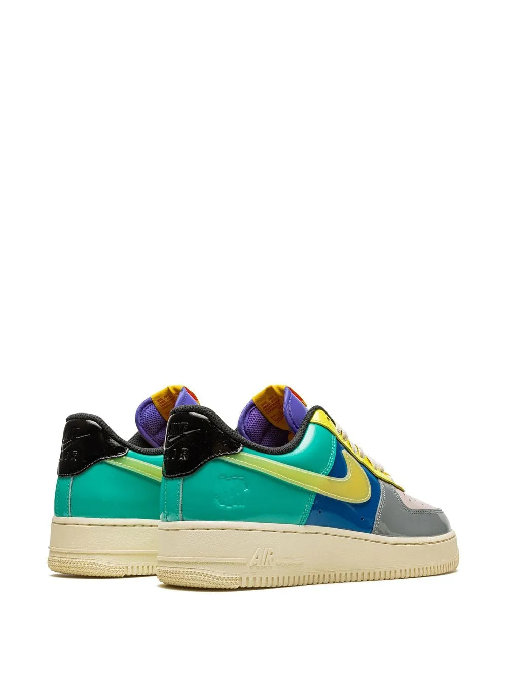 Nike x Undefeated Air Force 1 Low sneakers, heel and side with teal, blue, purple accents