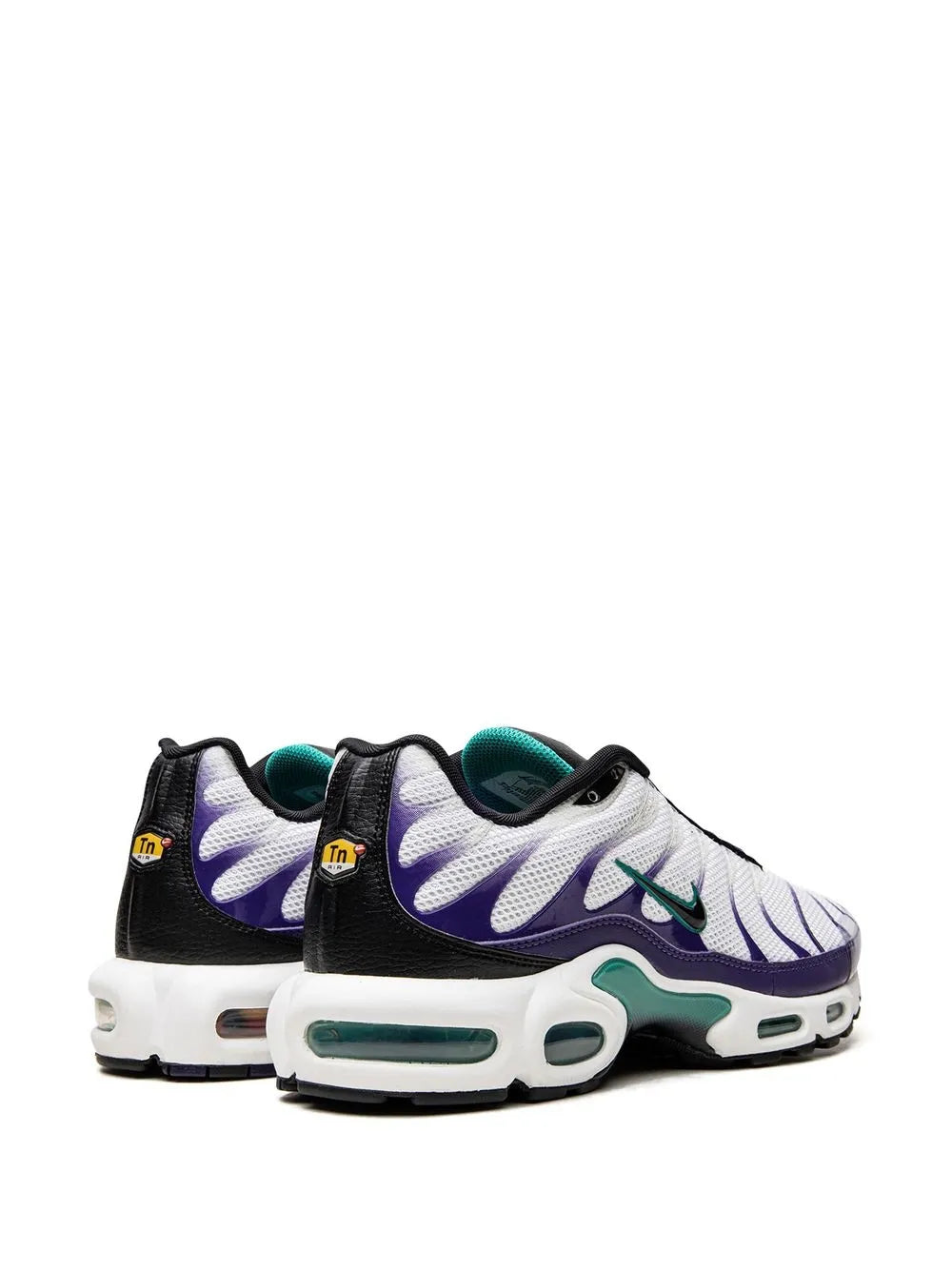 White, purple & teal Air Max Plus sneakers with black heel panel