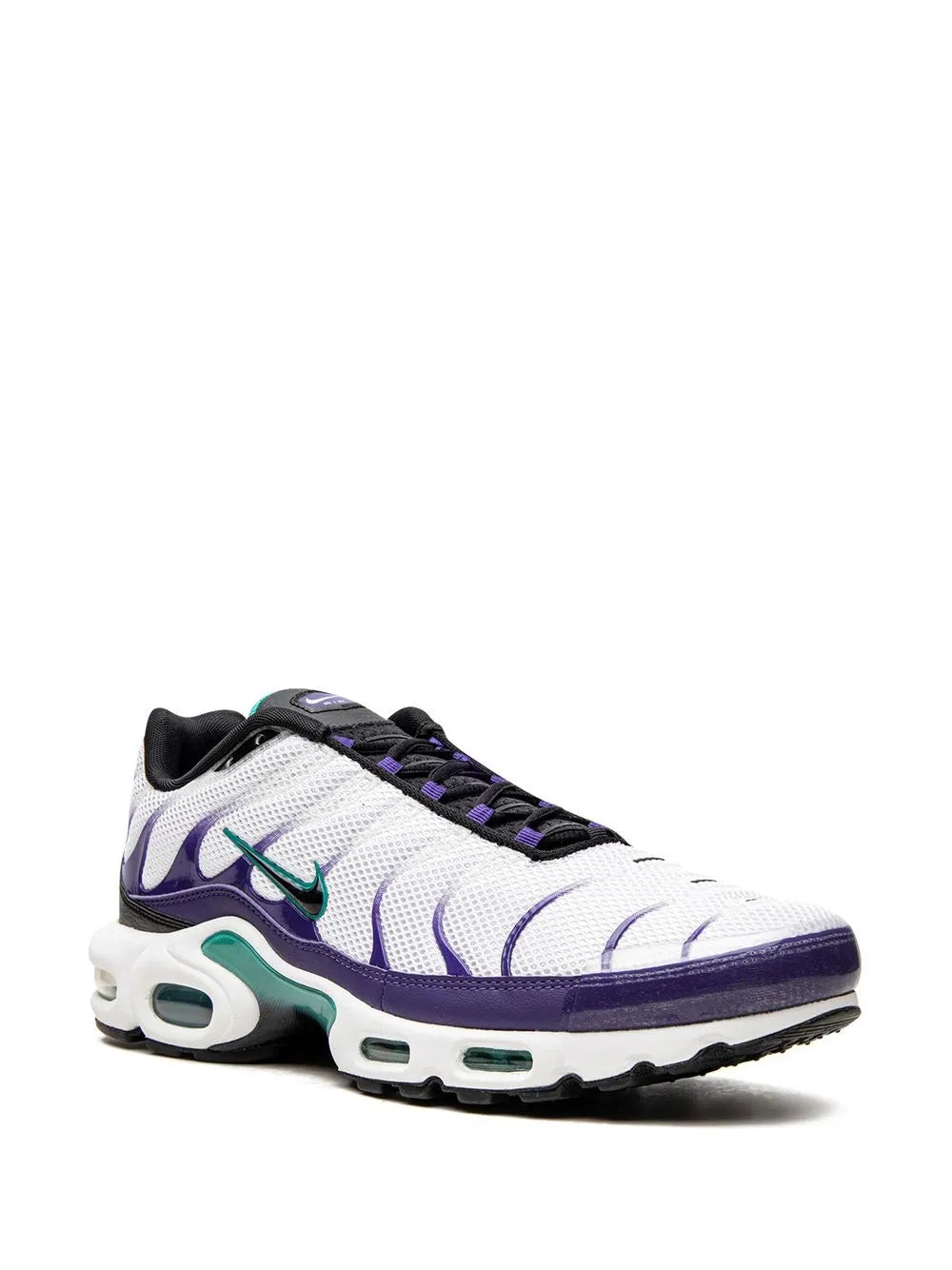 White, purple & teal Air Max Plus sneakers with teal swoosh and laces