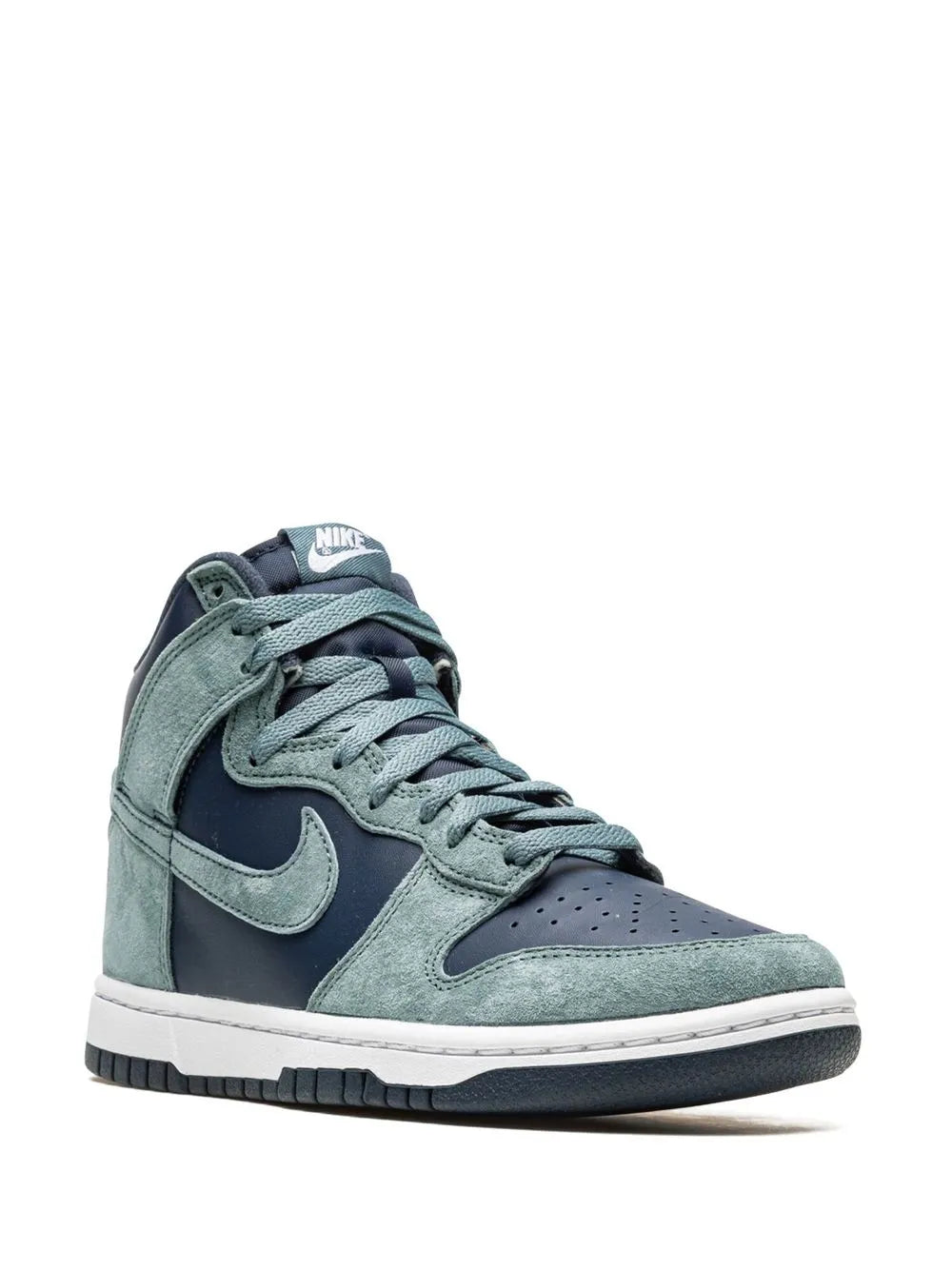 Nike Dunk High PRM sneakers in light teal with navy Swoosh and laces, front 3/4 view