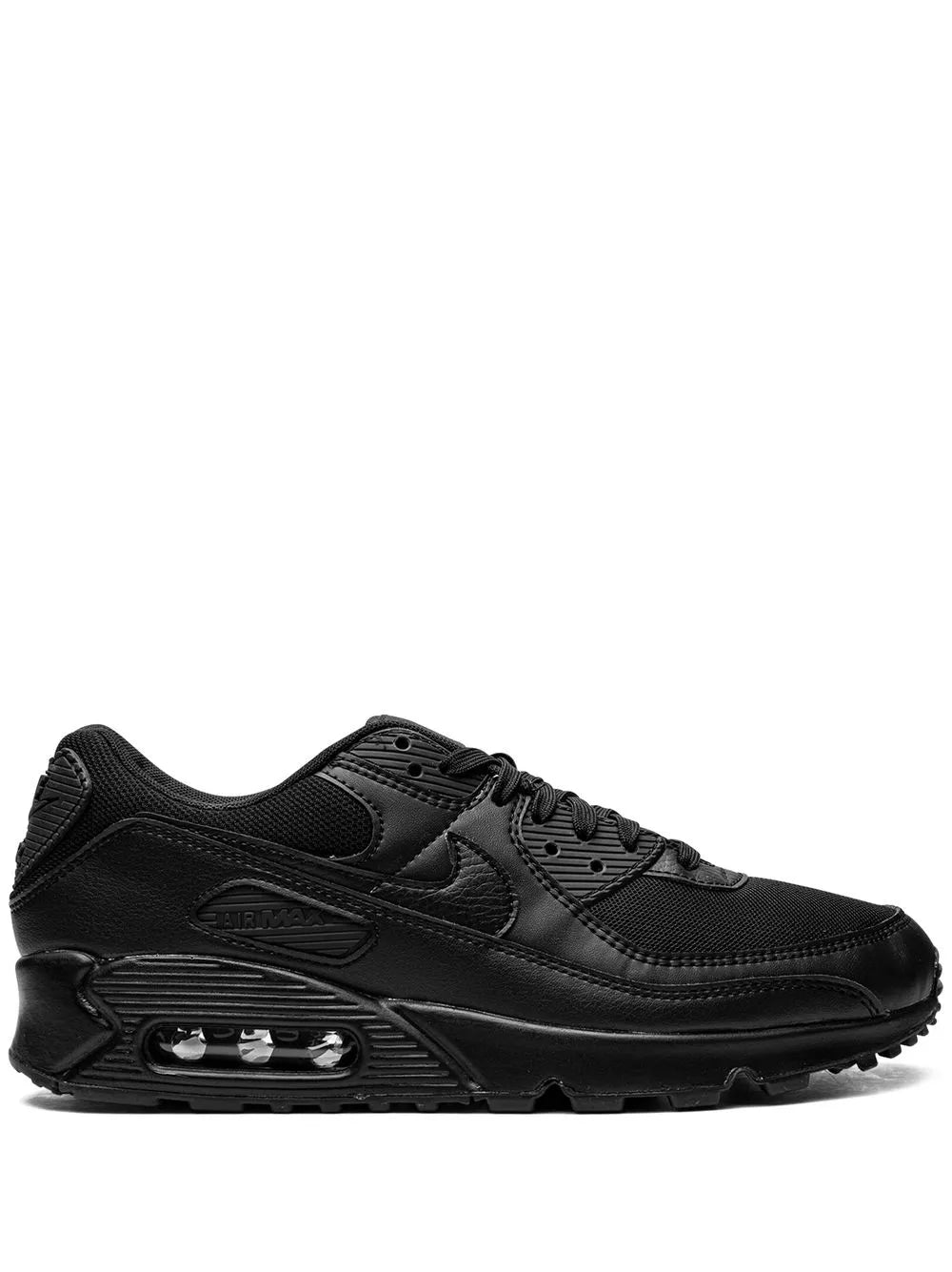 Black lace-up running sneaker with Air Max window and signature swoosh