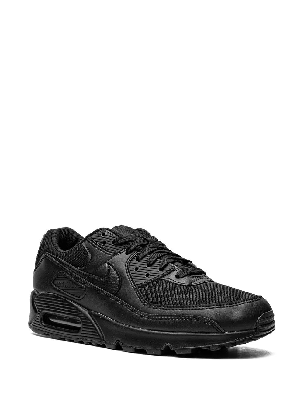 Black lace-up sneaker with molded overlays and Air Max cushioning unit