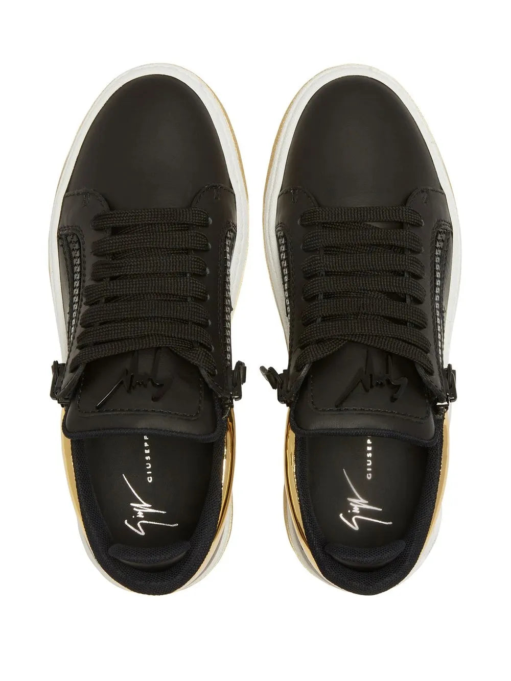 Black low-top sneakers with laces, double zipper, and Giuseppe Zanotti logo