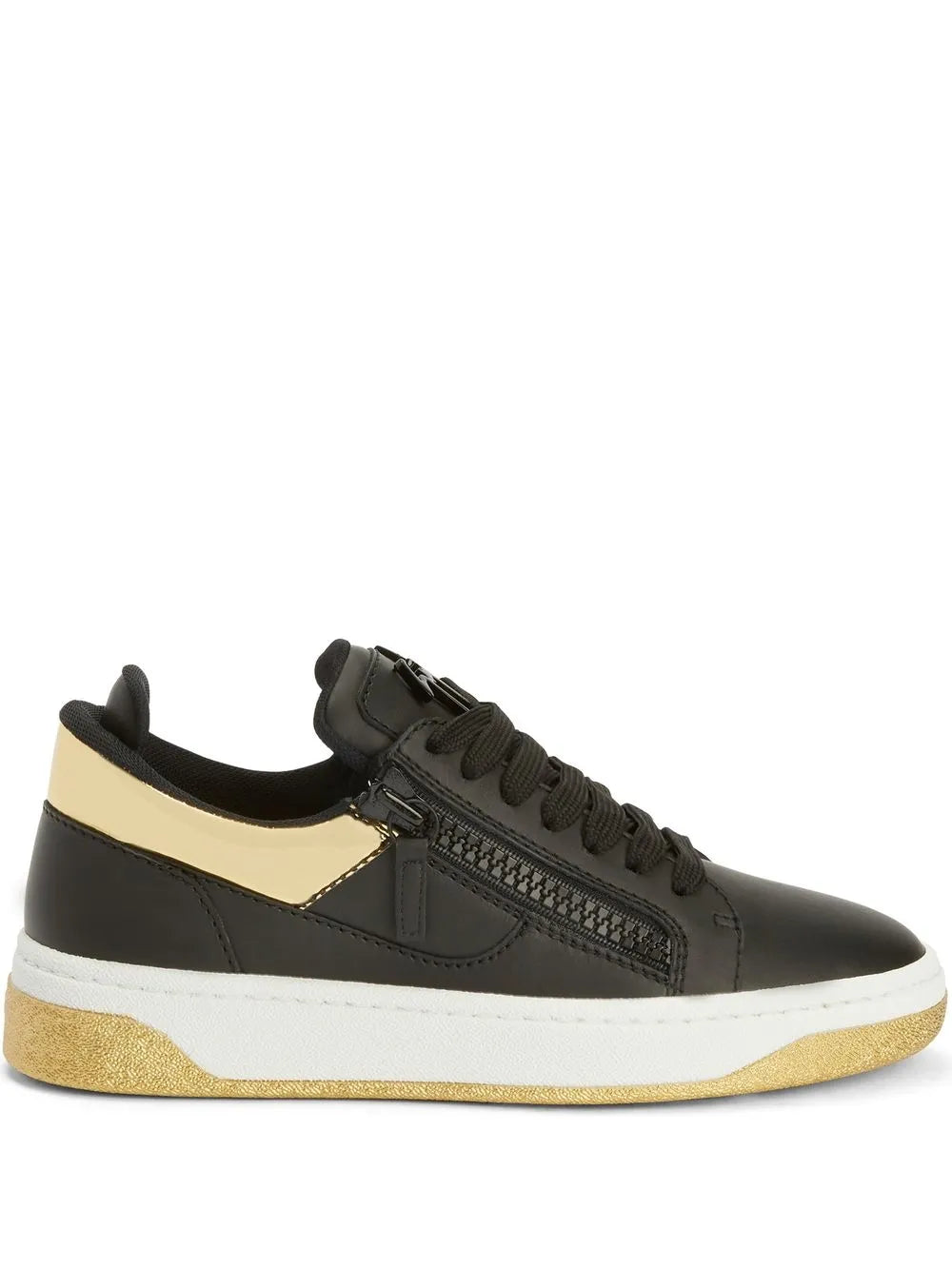 Black low-top sneakers with double zipper and beige side stripe