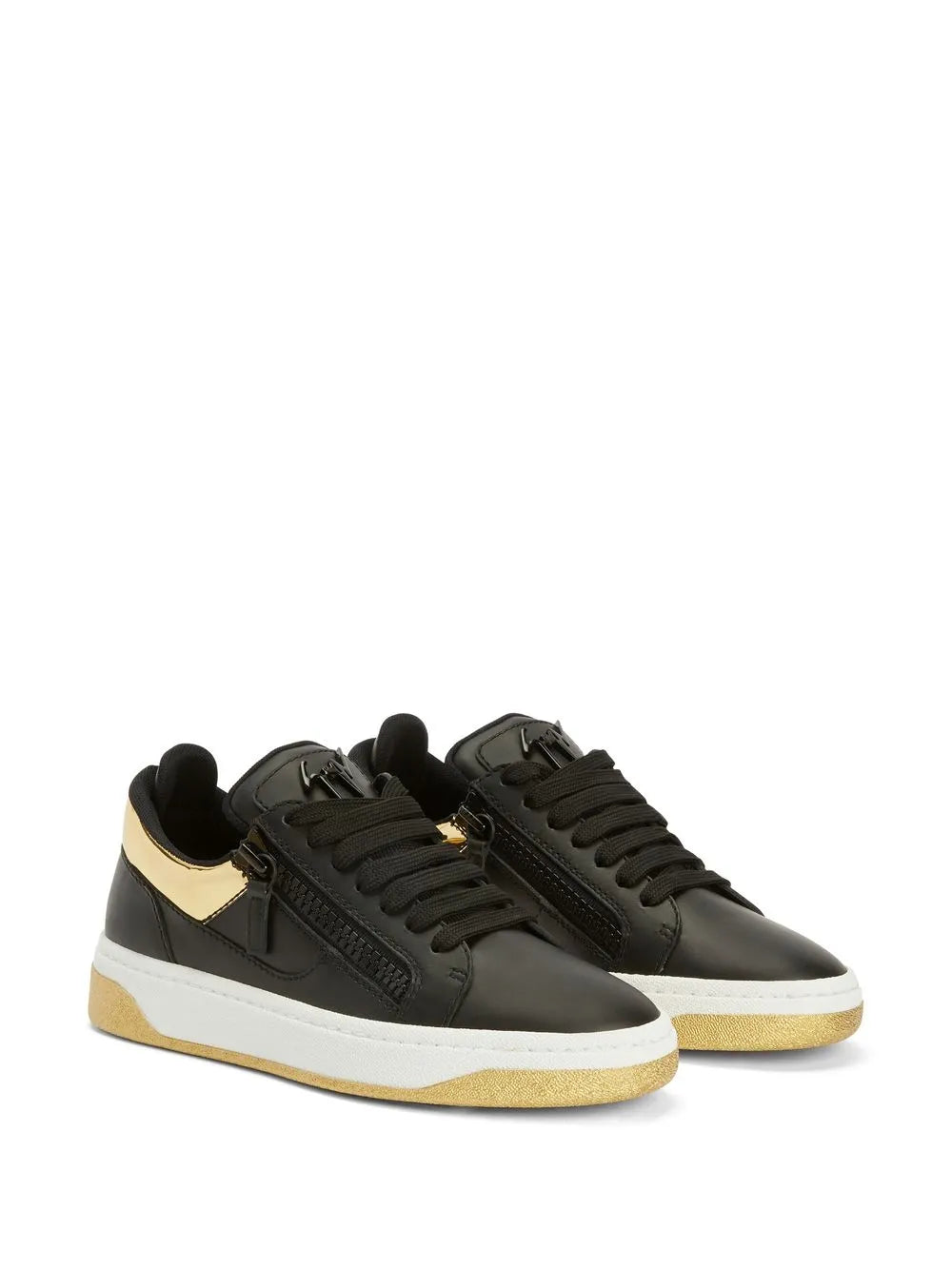 Black low-top sneakers, lace-up front with double zipper detail and beige stripe