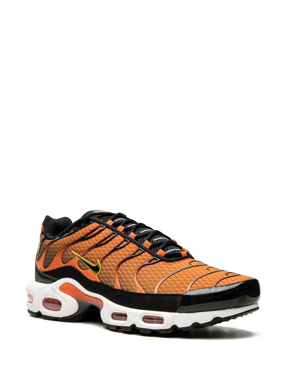 Orange and black lace-up running shoes with white midsole and visible air units