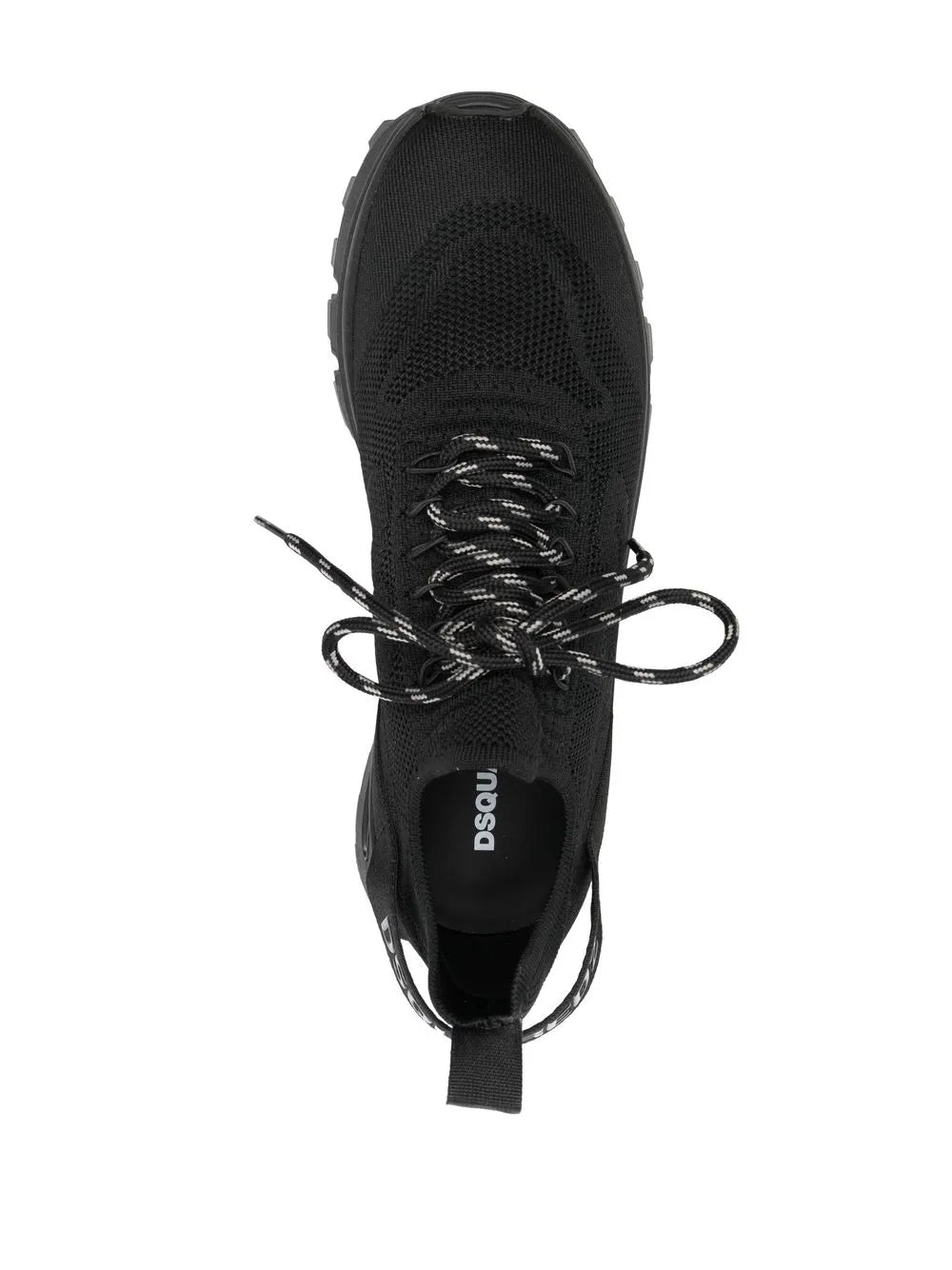 Black Dsquared2 logo-jacquard sneakers, top view with laces and mesh upper