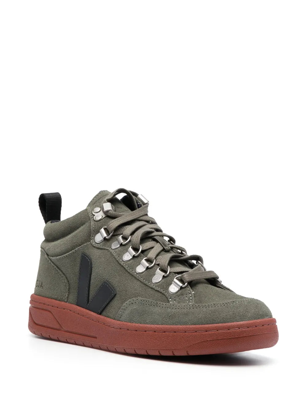 Olive suede high-top sneaker, side view, lace-up, red rubber sole