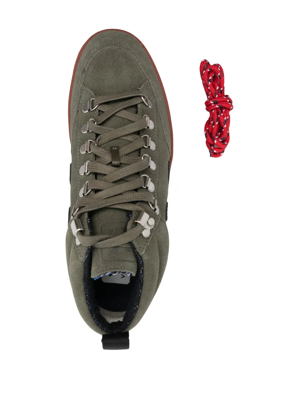 Olive suede high-top sneaker close-up, gray laces and red lace pull tab