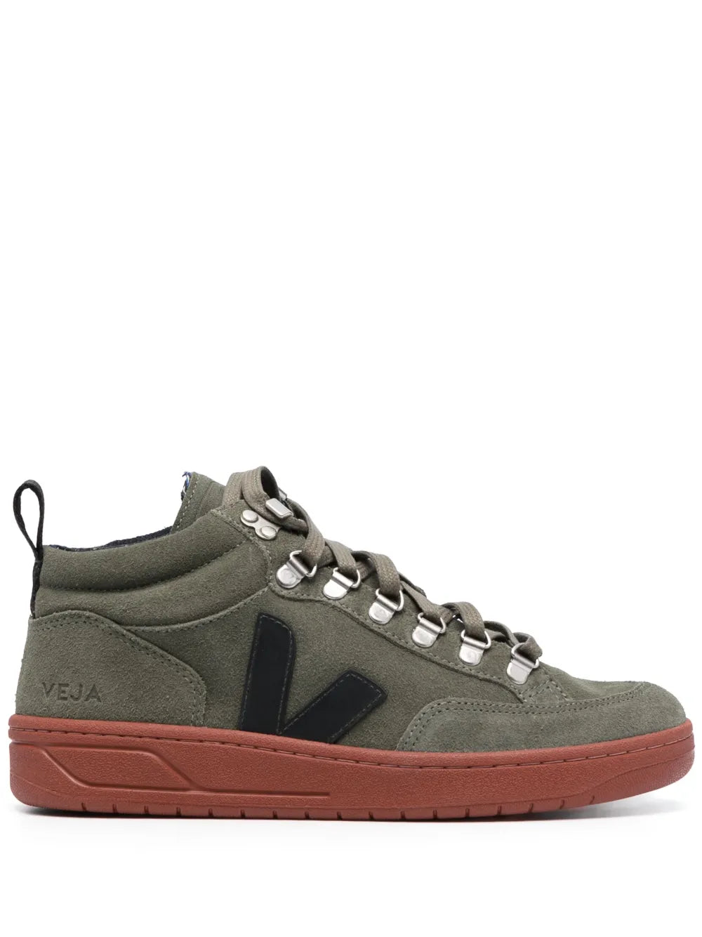 Olive suede high-top sneaker with lace-up and red rubber sole