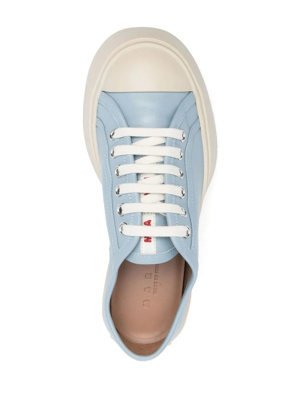 Blue leather low-top sneakers with white laces, visible insole, and off-white sole
