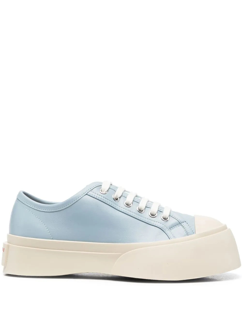 Blue leather low-top sneakers with white laces and thick off-white platform sole