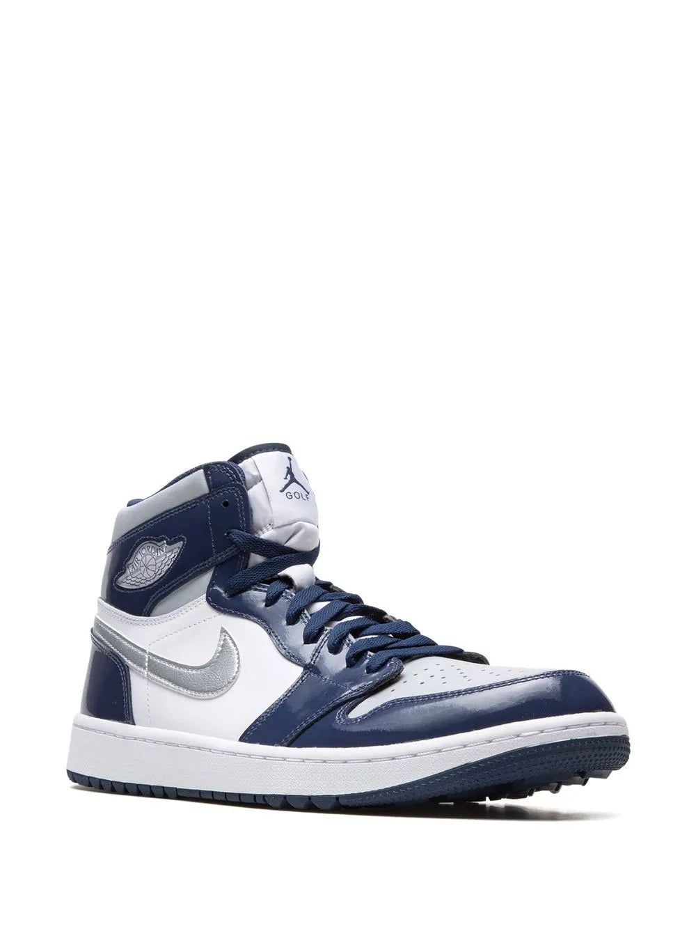 High-top lace-up sneakers in navy and white, side Swoosh and padded collar