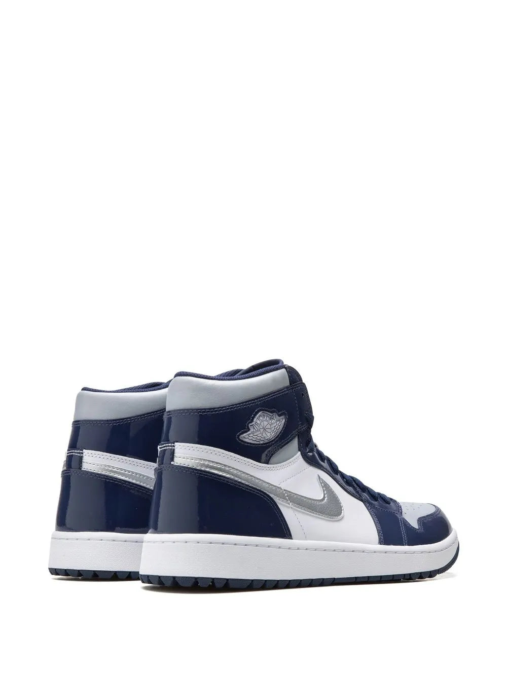 Pair of high-top sneakers showing navy heel panel and white side Swoosh
