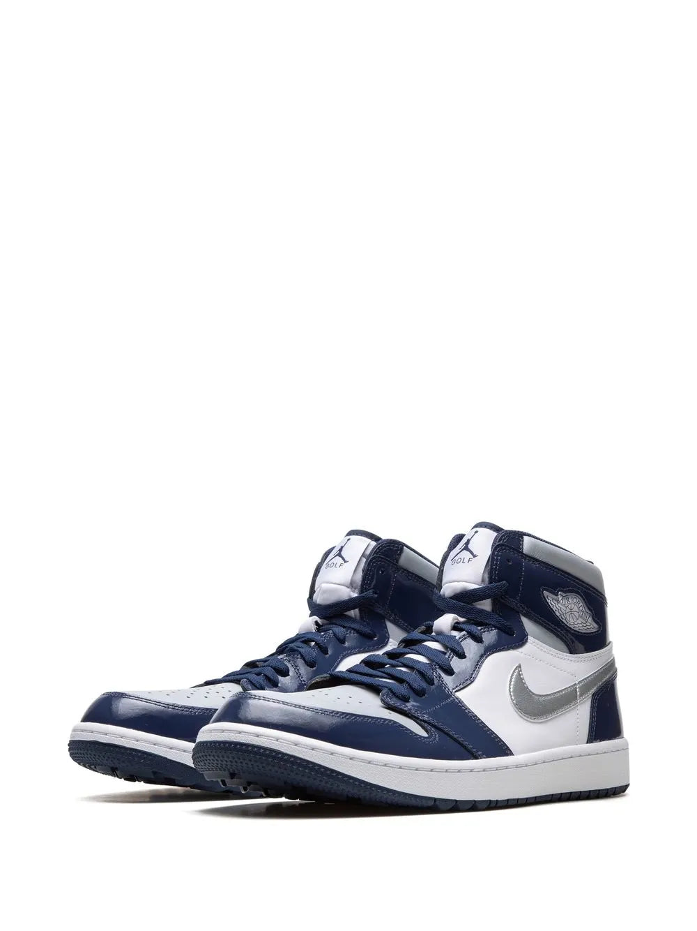 High-top sneakers in navy and white with lace-up design and wing logo
