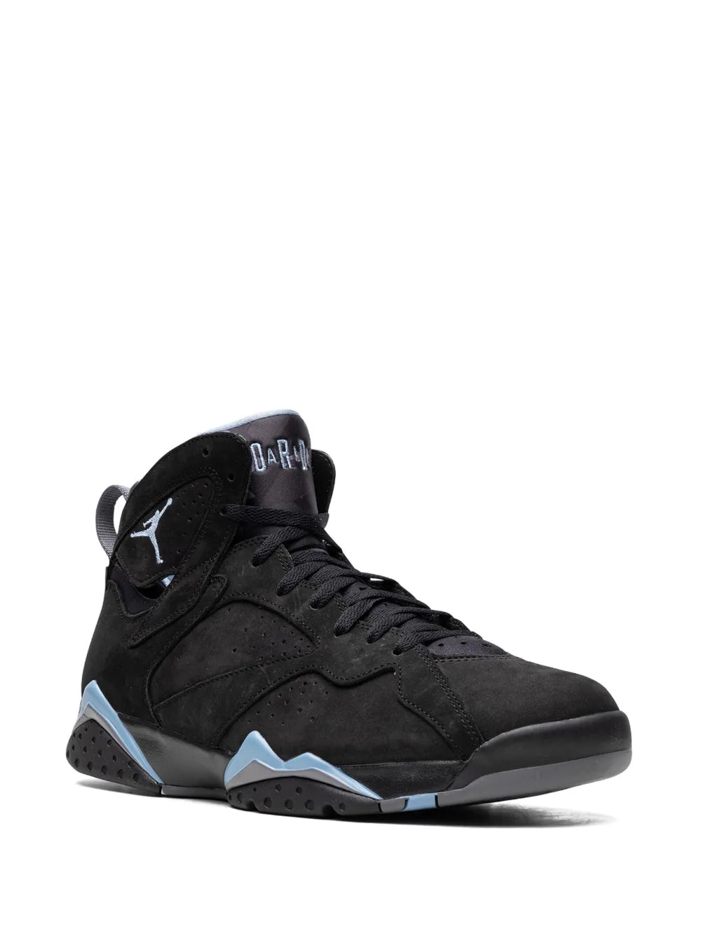 Black high-top sneakers with Air Jordan logo, lace-up front, light blue sole accents